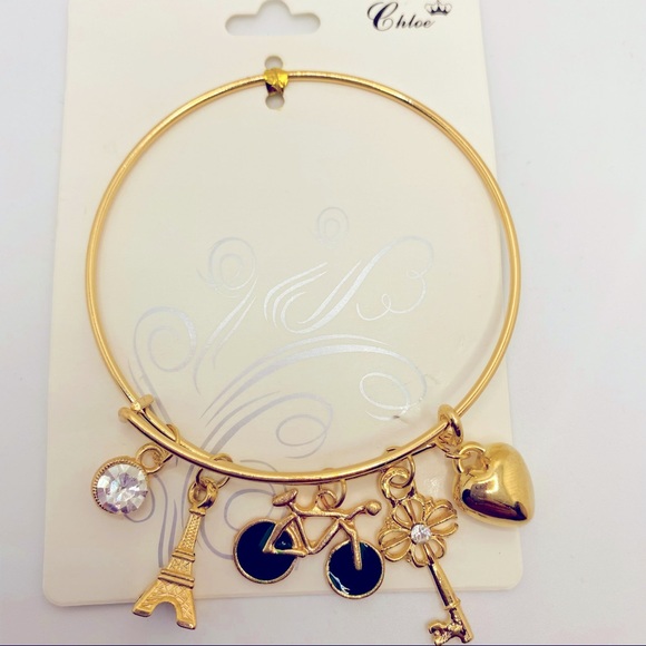 Bracelet Bangle Eiffel Tower Heart Key Bike Crysta - Picture 3 of 9
